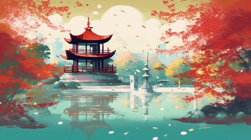 中国风古典建筑湖水倒影手绘插画,插画/手绘图,插画/手绘图库,插画/手绘图下载,插画/手绘